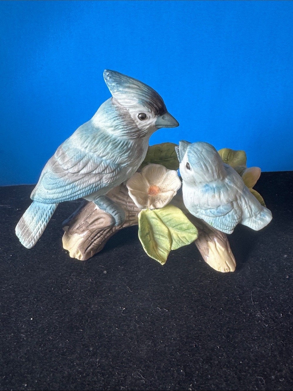 Vintage Blue Jay’s Ceramic Figurine Pair on Branch-Decorative Bird Ornament